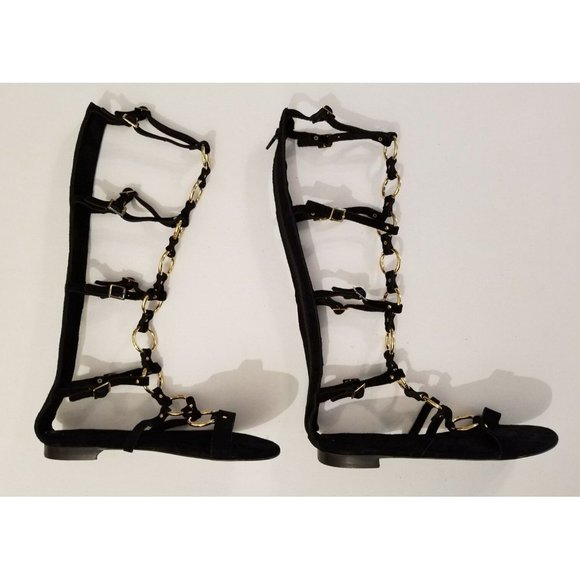 Free People Road Trip Tall Gladiator Sandals Luxe Black Suede Gold Links Size 37 - Picture 4 of 6